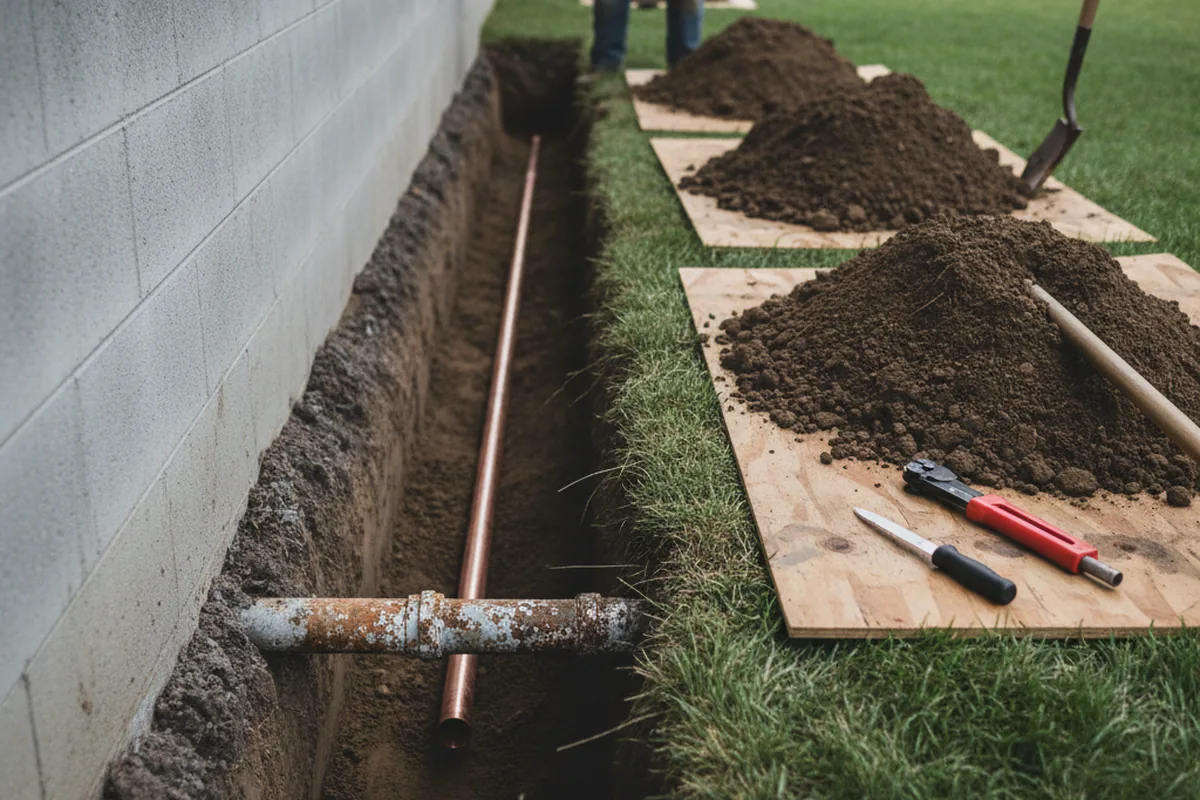 Excavated water line trench during Sewer Line Repair in Humptulips